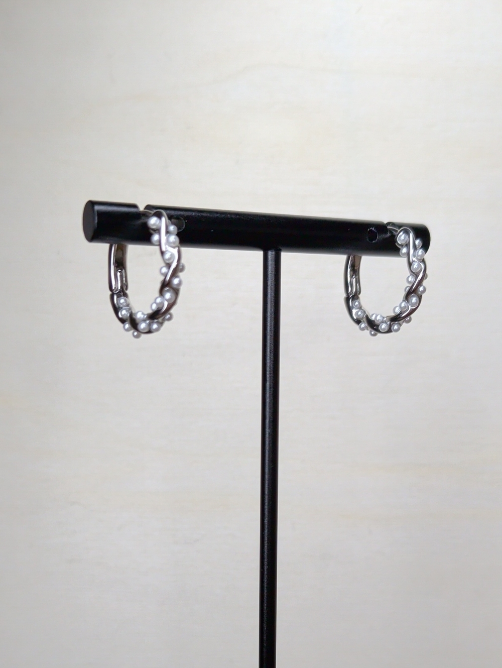 18k White Gold Plating over stainless steel Twist Hoops with Faux Pearl